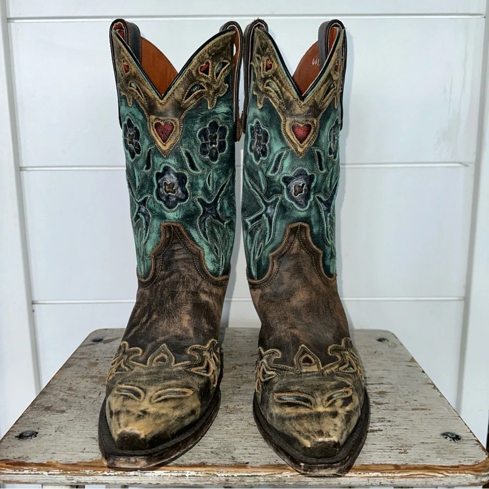 Dan Post Miss Kate Distressed Brown Teal Blue bird  Wing Tip Cowboy Boots Sz 7 - Picture 3 of 7